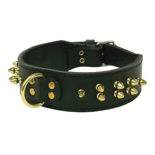 COLLIER CUIR NOIR "ATTILA" CLOUTE DORE µ 'Fin de série'